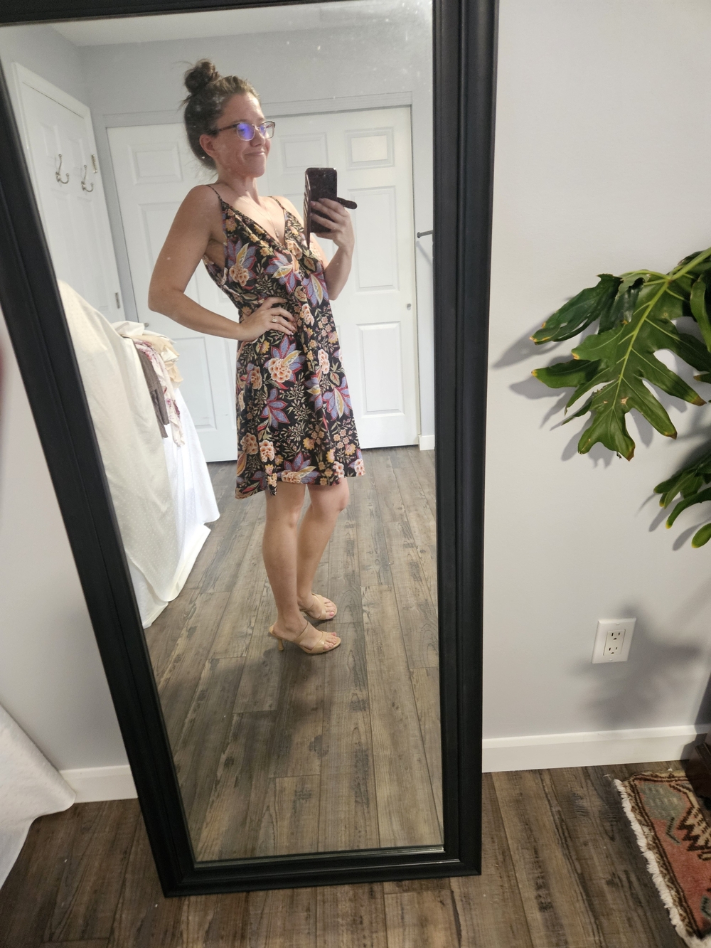Floral V-Neck A-Line Dress in Black with Multicolor Print